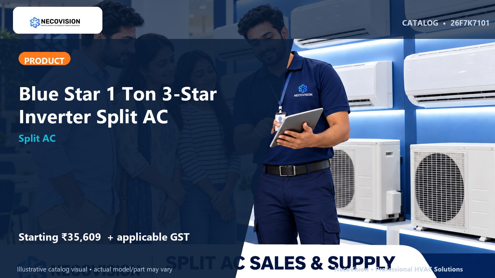 Blue Star 1 Ton 3-Star Inverter Split AC - NecoVision hero catalog visual