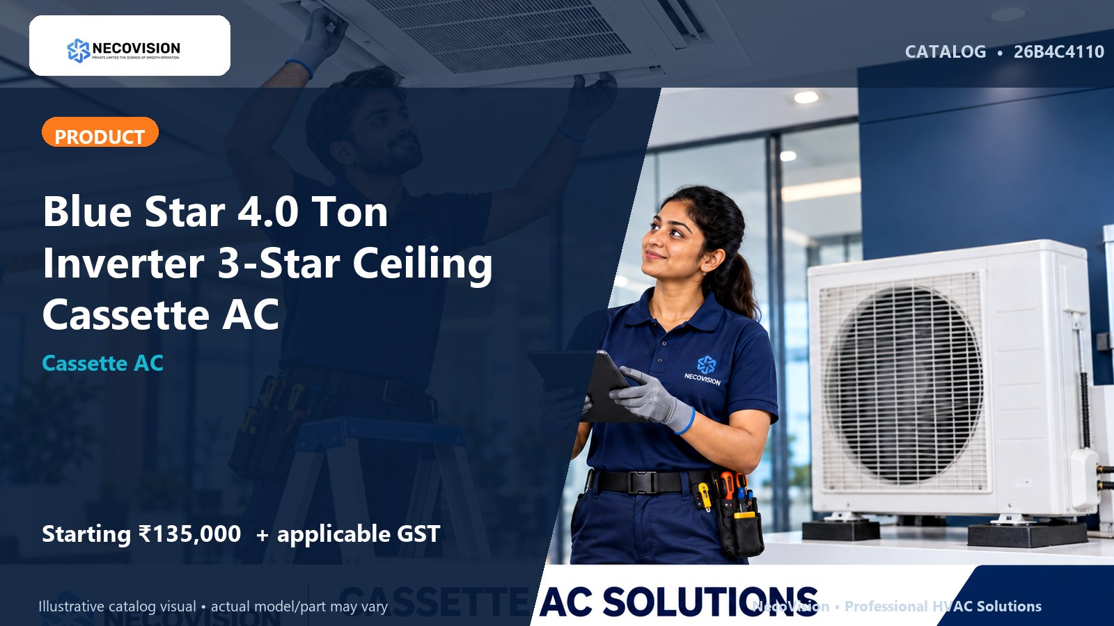 Blue Star 4.0 Ton Inverter 3-Star Ceiling Cassette AC - NecoVision hero catalog visual