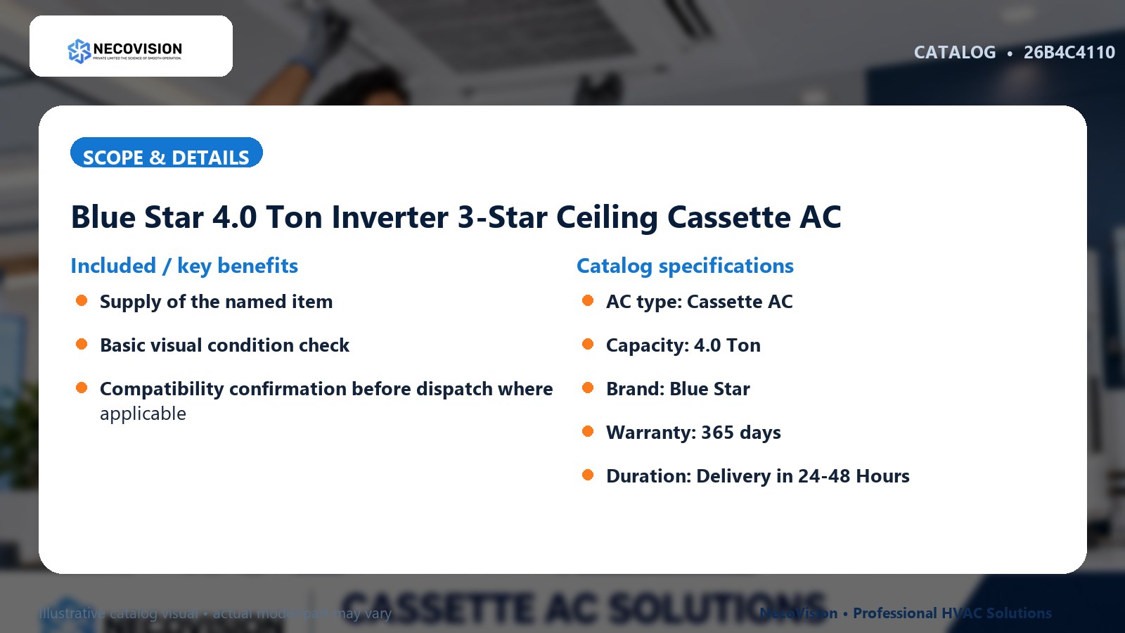Blue Star 4.0 Ton Inverter 3-Star Ceiling Cassette AC: scope