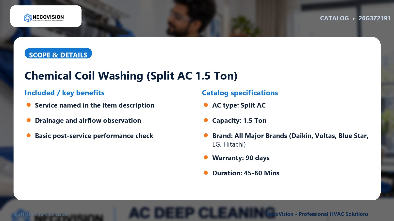 Chemical Coil Washing (Split AC 1.5 Ton): scope
