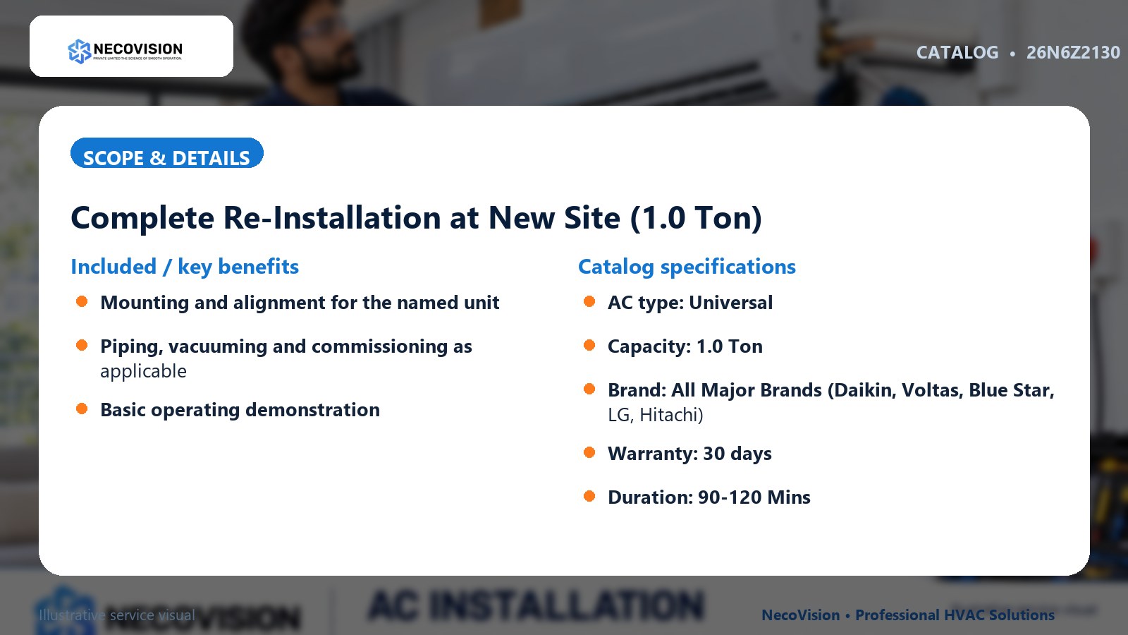 Complete Re-Installation at New Site (1.0 Ton): scope