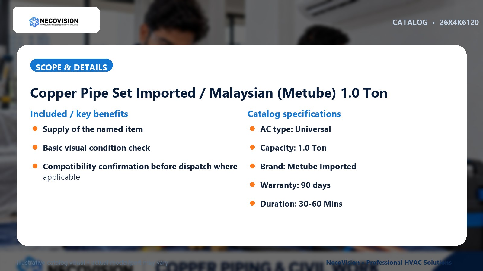 Copper Pipe Set Imported / Malaysian (Metube) 1.0 Ton: scope