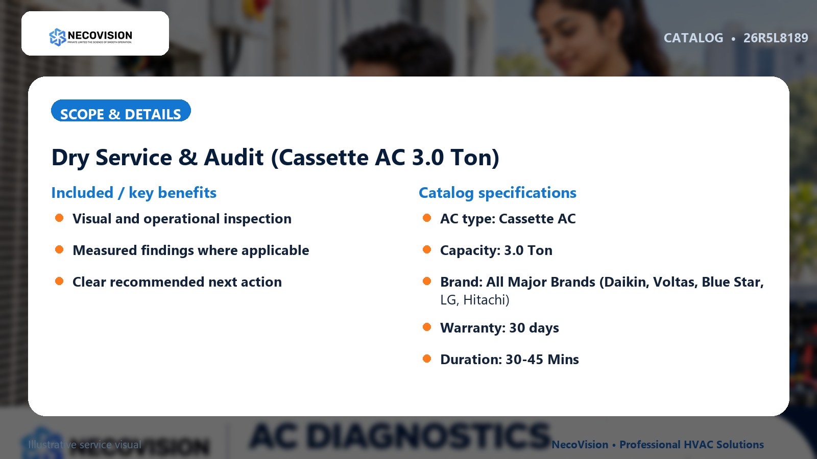 Dry Service & Audit (Cassette AC 3.0 Ton): scope