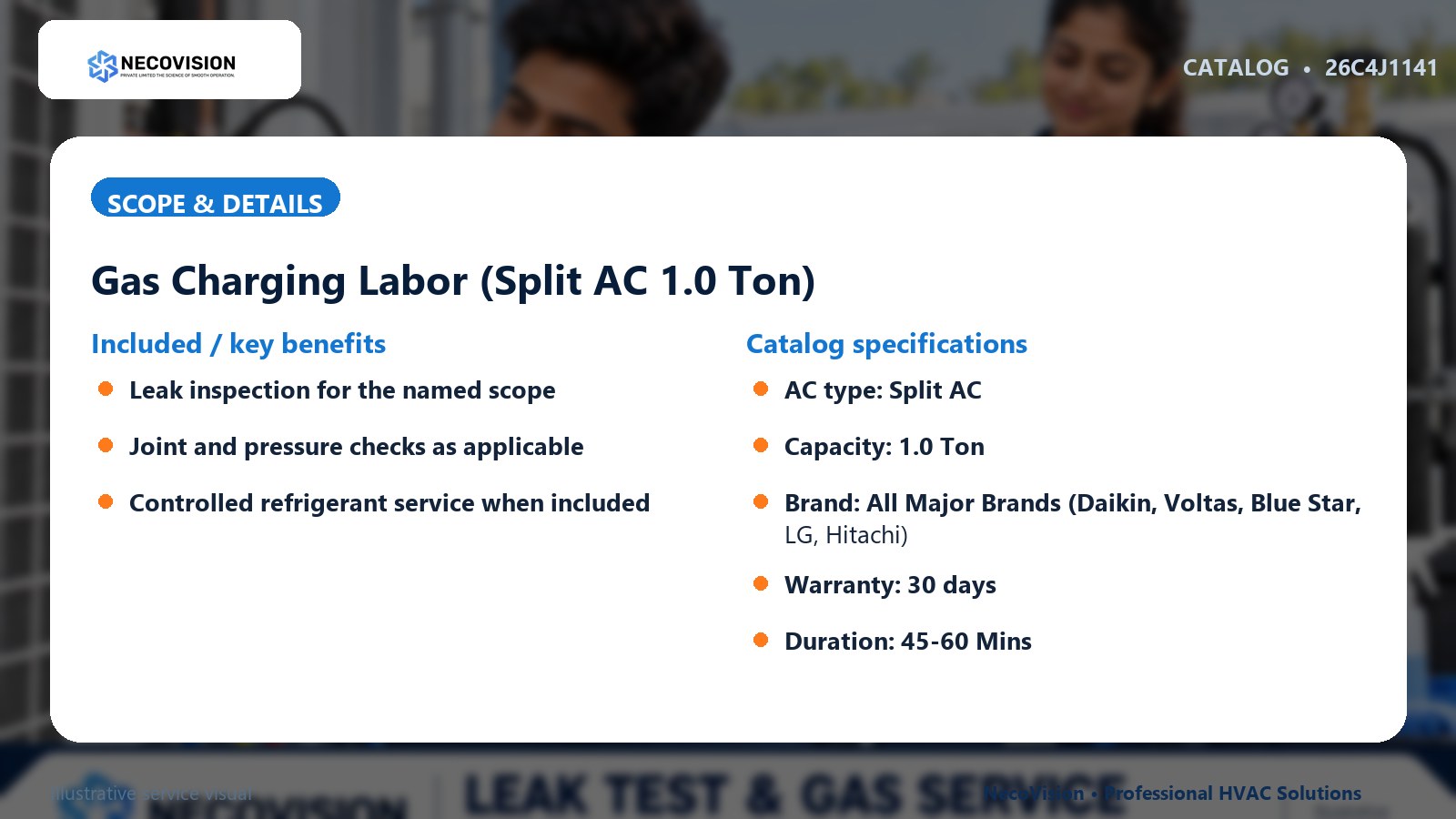 Gas Charging Labor (Split AC 1.0 Ton): scope