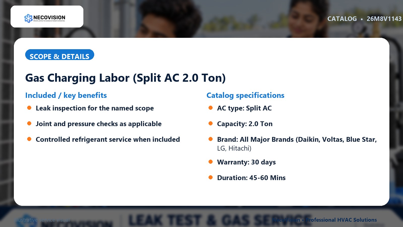 Gas Charging Labor (Split AC 2.0 Ton): scope