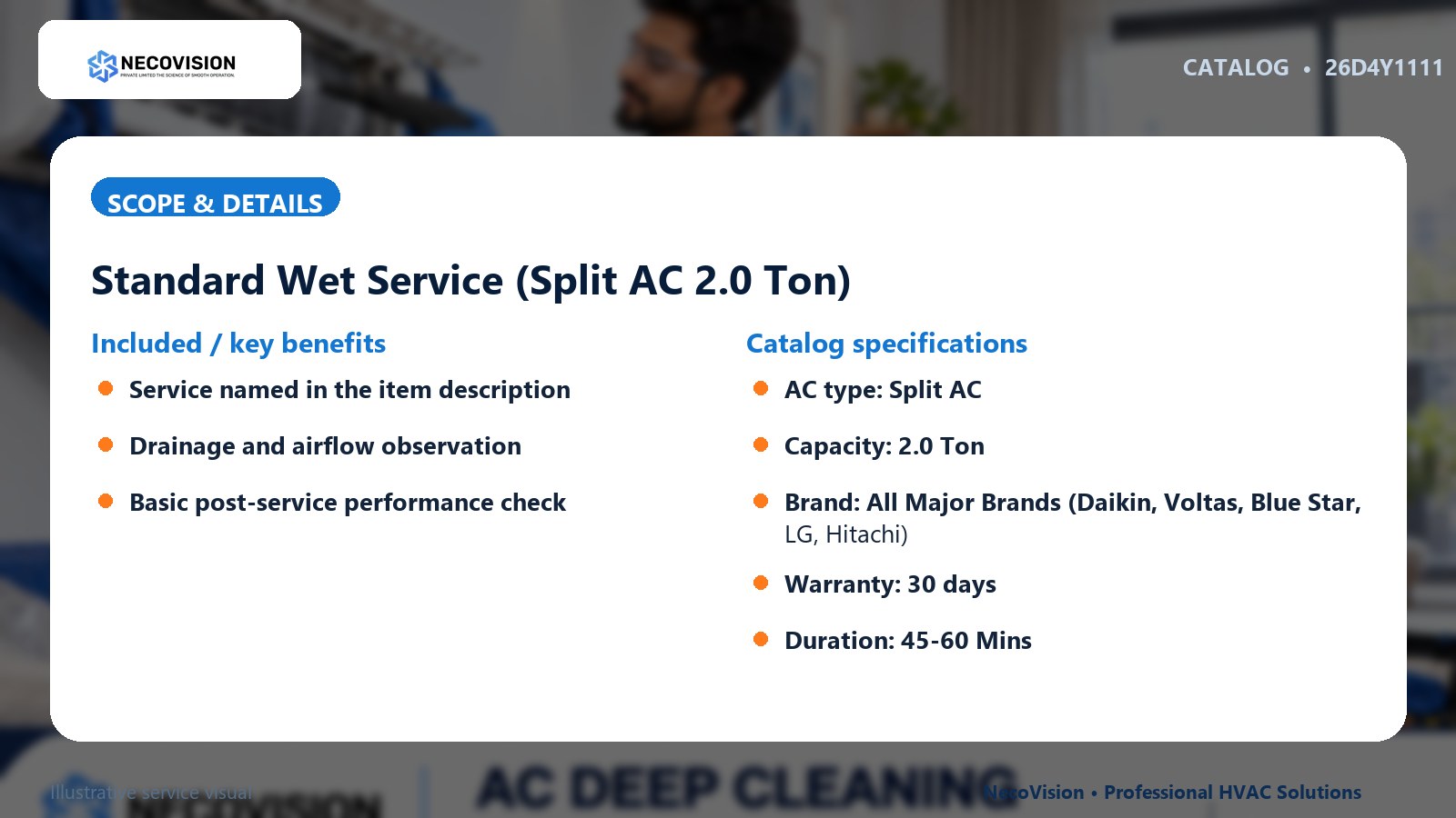 Standard Wet Service (Split AC 2.0 Ton): scope