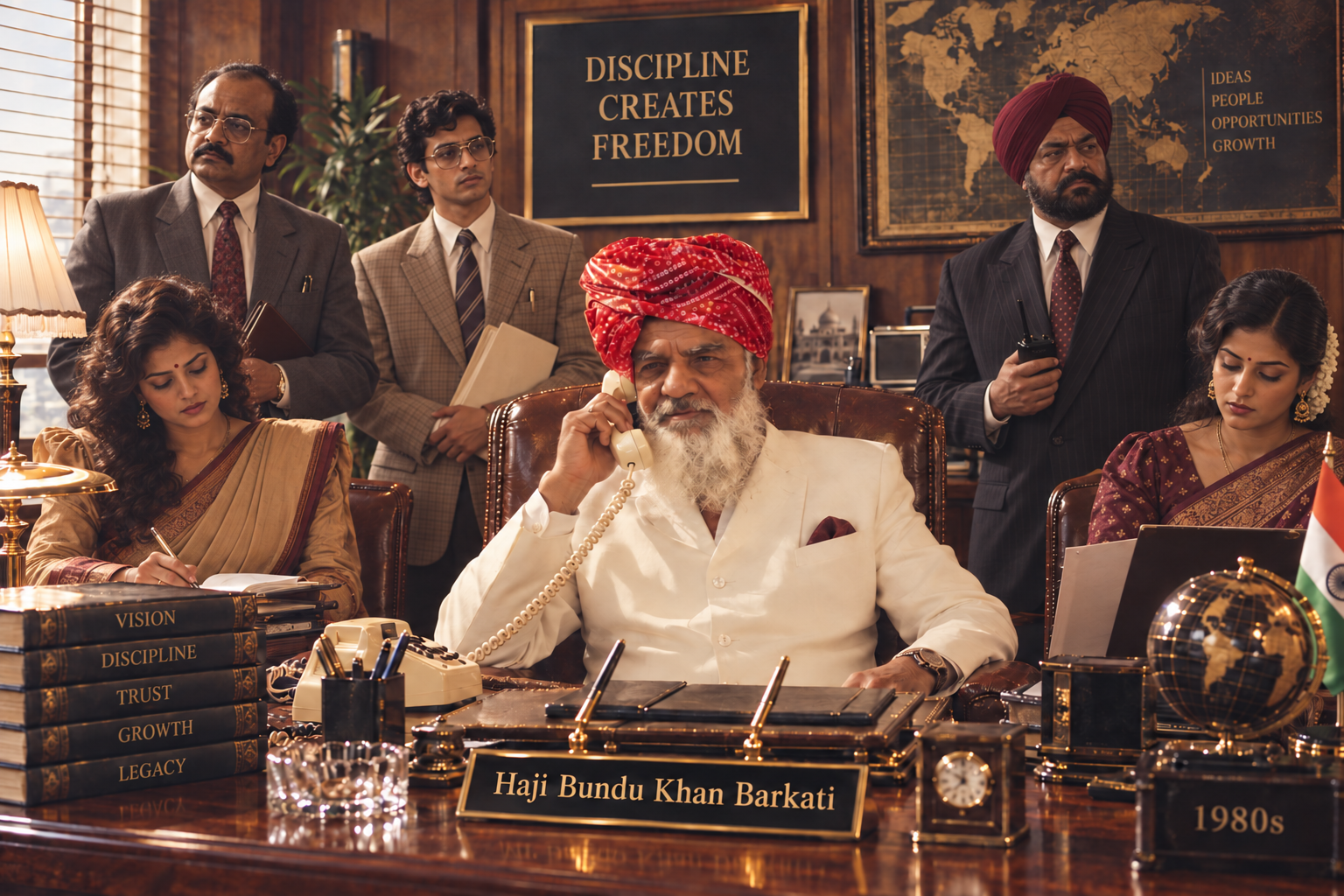 Family tribute visual honouring Haji Bundu Khan Barkati; he is seated at a desk with a nameplate bearing his name.