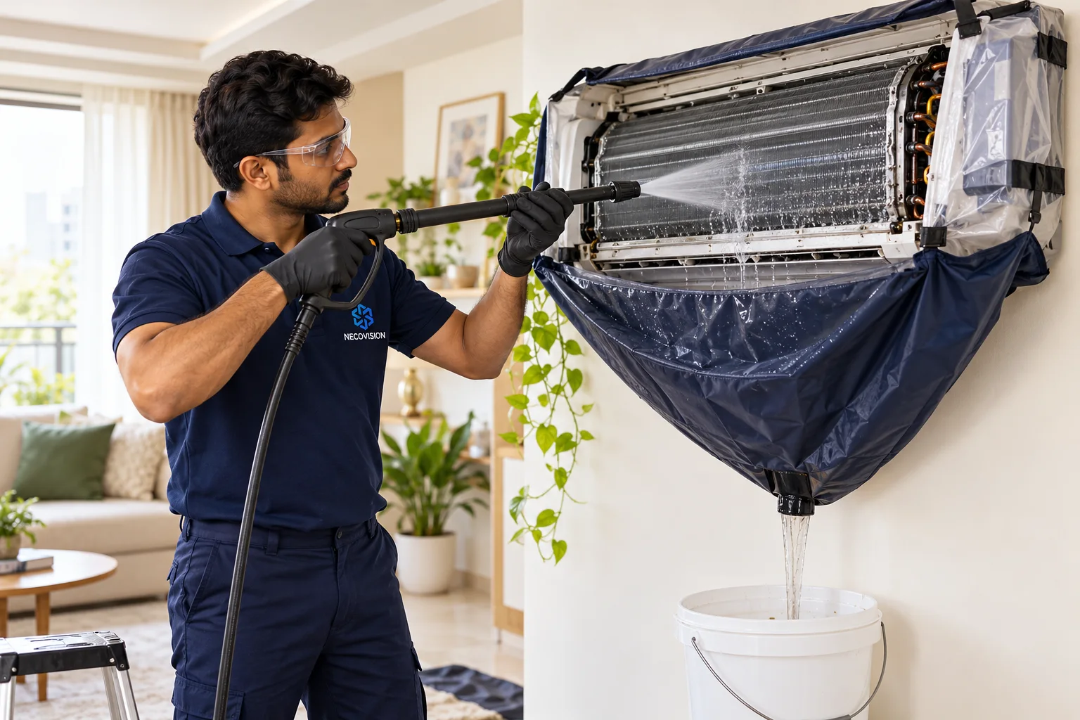 Indian technician performing protected indoor coil washing — AI-generated service illustration