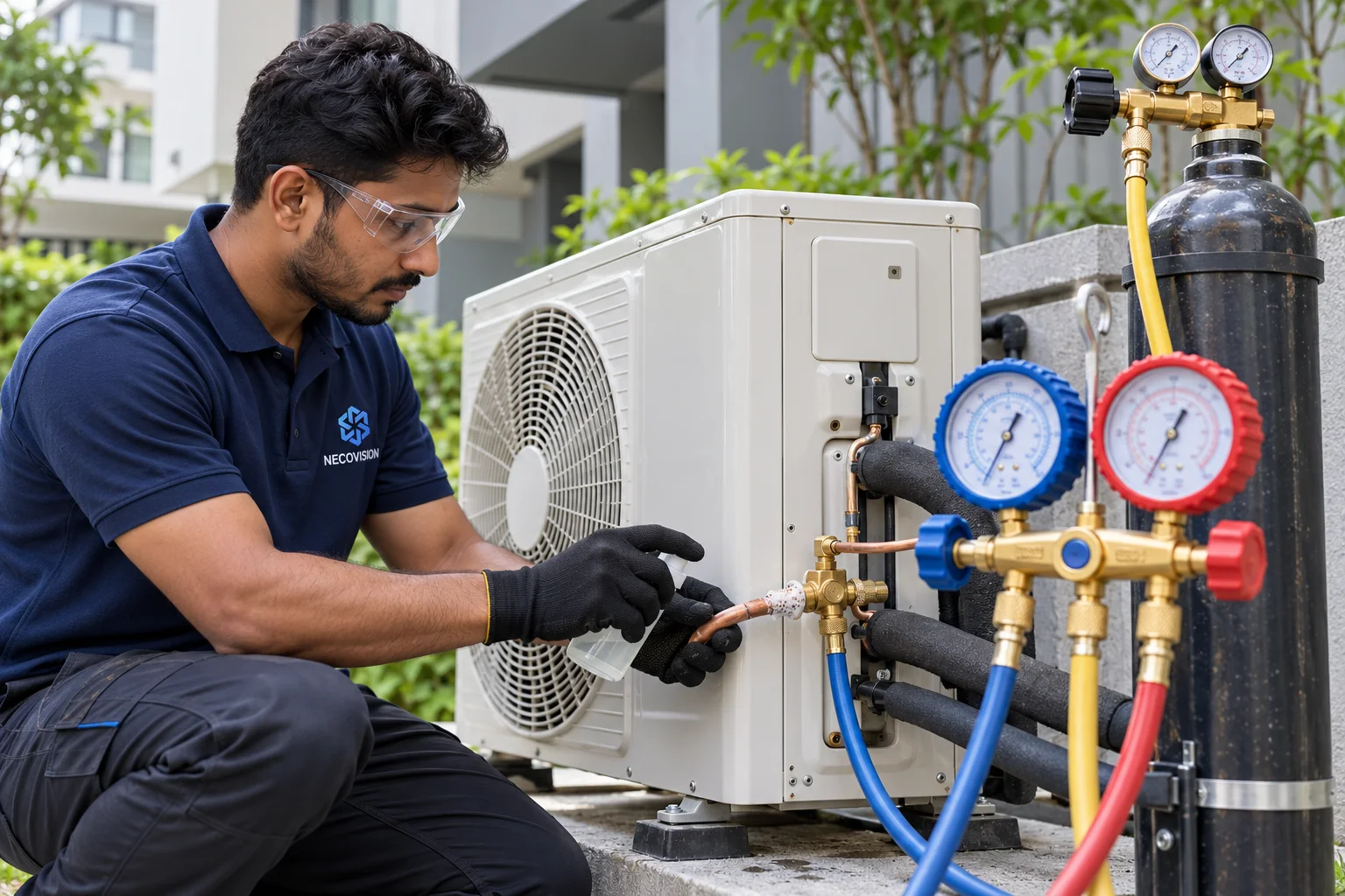 Indian technician checking an outdoor condenser nitrogen pressure test — AI-generated service illustration