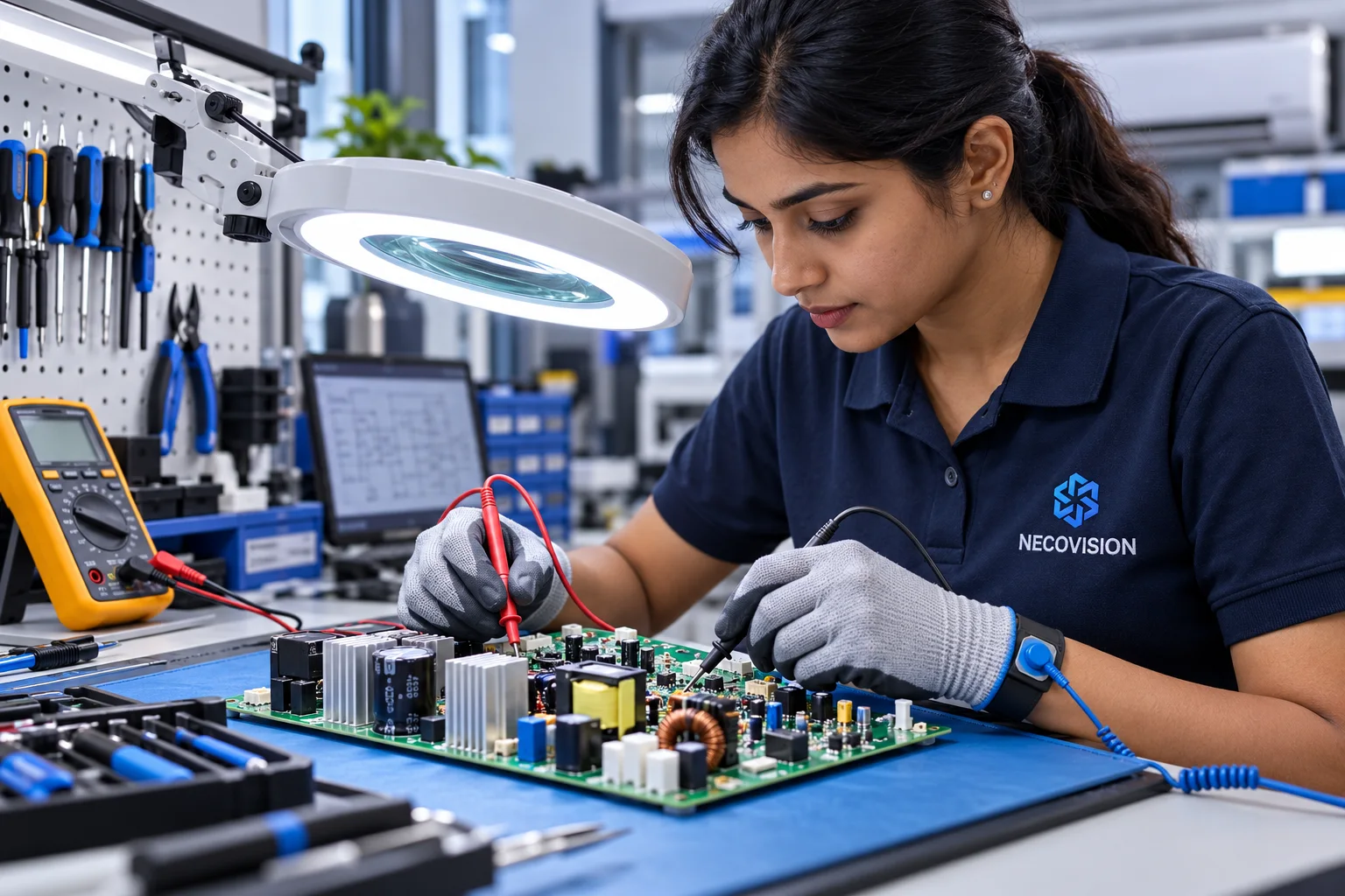 Indian electronics specialist inspecting an isolated inverter PCB at an ESD-safe bench — AI-generated service illustration